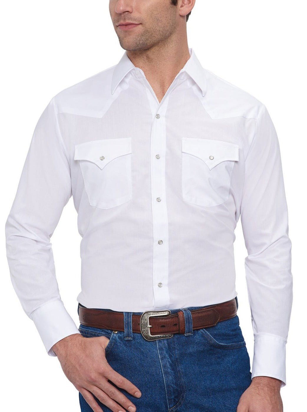 Ely Cattleman Men's White Long Sleeve Solid Western Snap Shirt - 15201905 - 01 - S