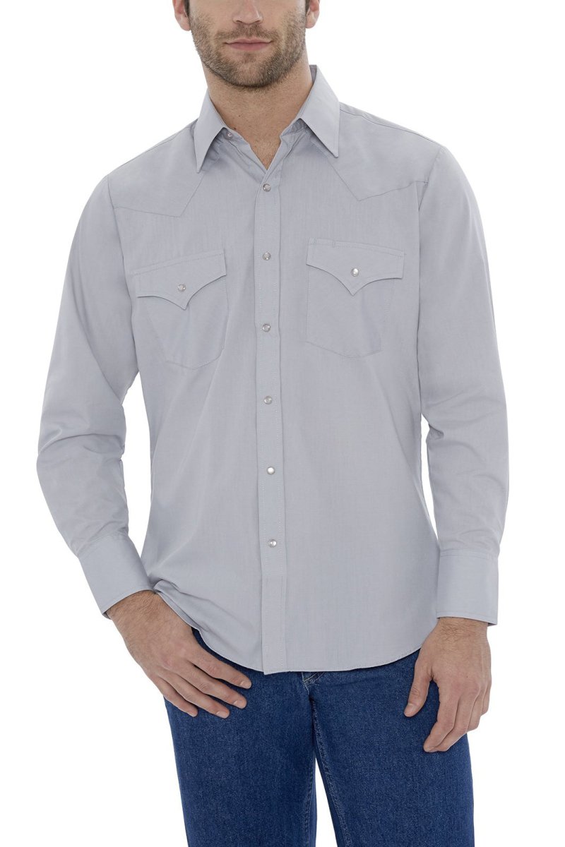 Ely Cattleman Men's Light Grey Long Sleeve Solid Western Snap Shirt - 15201905 - 80 - S