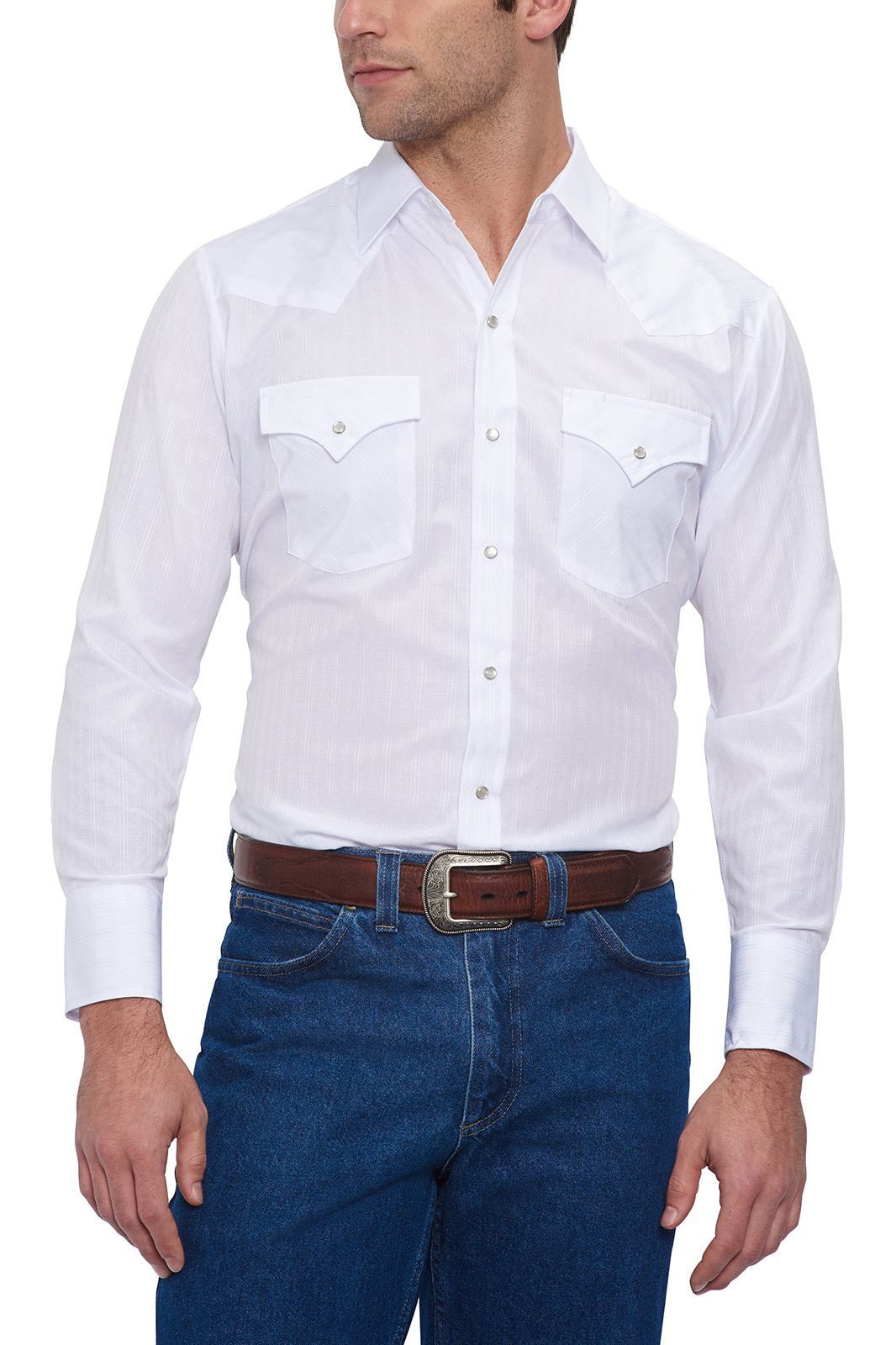 Ely Cattleman Men's White Long Sleeve Solid Tone on Tone Western Snap Shirt - 15201934 - 01 - S