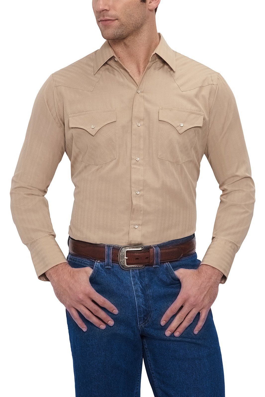 Ely Cattleman Men's Khaki Long Sleeve Solid Tone on Tone Western Snap Shirt - 15201934 - 28 - S