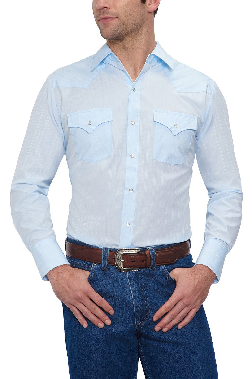 Ely Cattleman Men's Tonal Blue Long Sleeve Solid Tone on Tone Western Snap Shirt - 15201934 - 82 - S