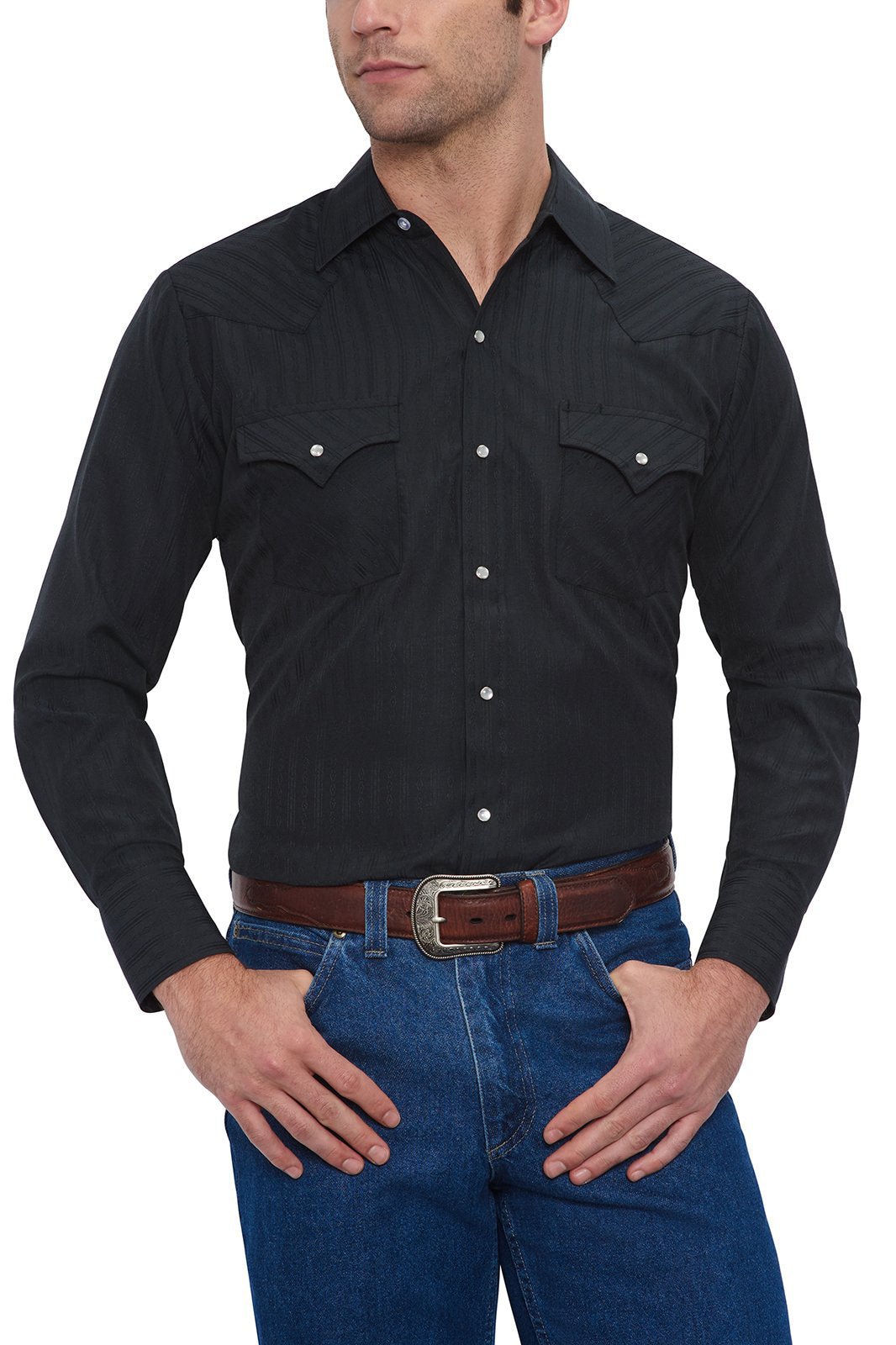 Ely Cattleman Men's Black Long Sleeve Solid Tone on Tone Western Snap Shirt - 15201934 - 89 - S