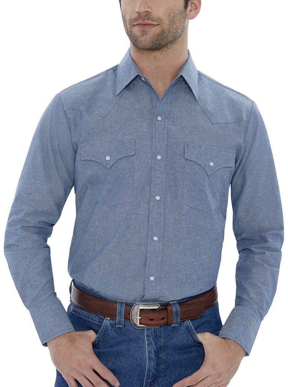 Ely Cattleman Men's Long Sleeve Chambray Western Snap Shirt - 15202975RG - 84 - M