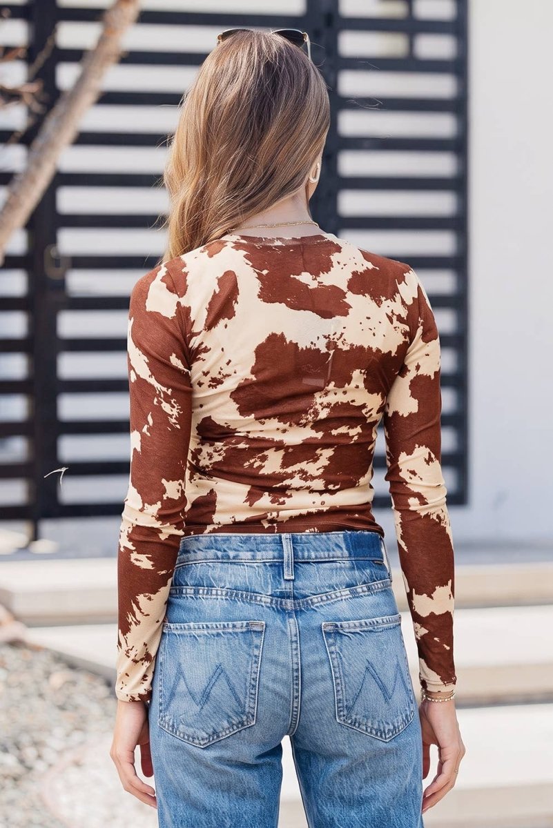 Evela Inc Western Cow Spots Printed High Neck Sheath Long Sleeve Top - Brown - EV25138380-P1722-S