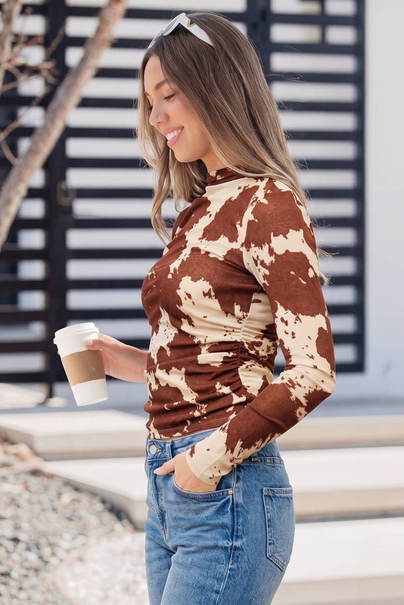Evela Inc Western Cow Spots Printed High Neck Sheath Long Sleeve Top - Brown - EV25138380-P1722-S