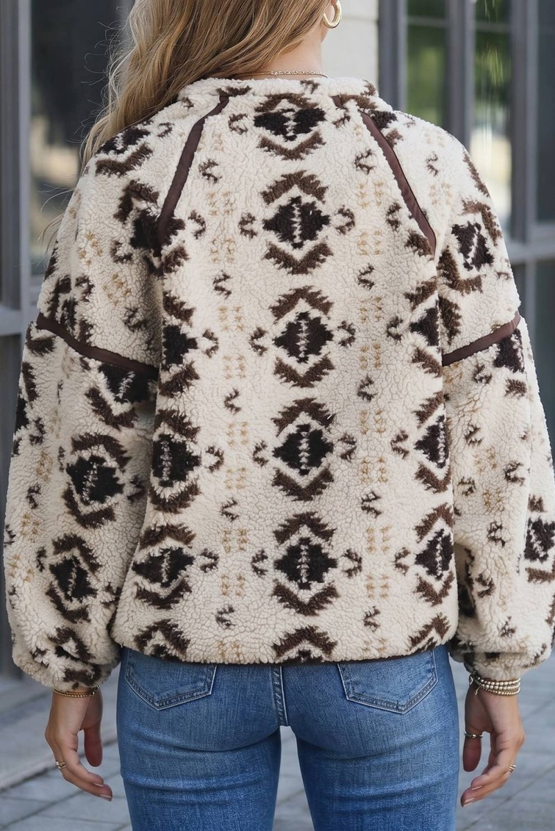 Evela Western Geo-Print Sherpa Fleece Pullover - Khaki - EV25321552-P1622-S