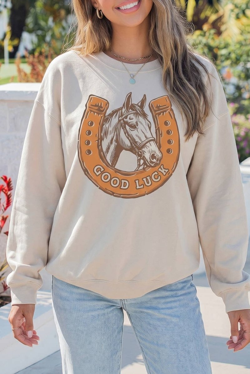 Evela Inc Western Horse Print Oversized Sweatshirt Daily Wear Pullover - Beige - EV25321734-P15-S