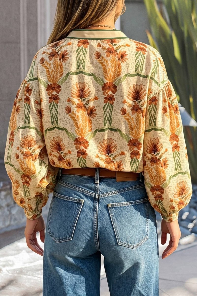 Evela Floral Print V Neck Long Sleeve Shirt - Yellow - EV2557929-P720-S