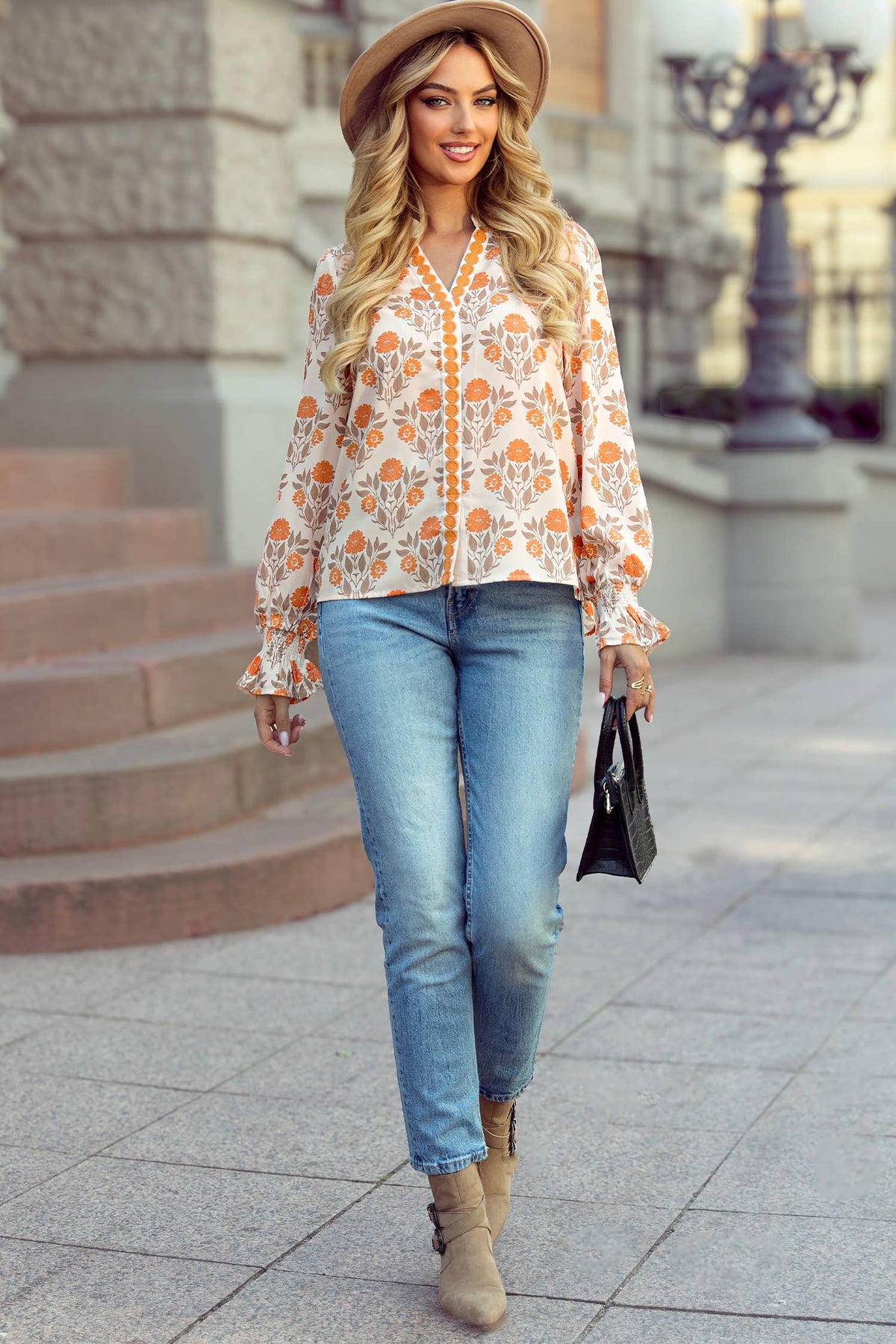 1 the Woman Floral Print V Neck Long Sleeve Casual Shift Blouse - Orange