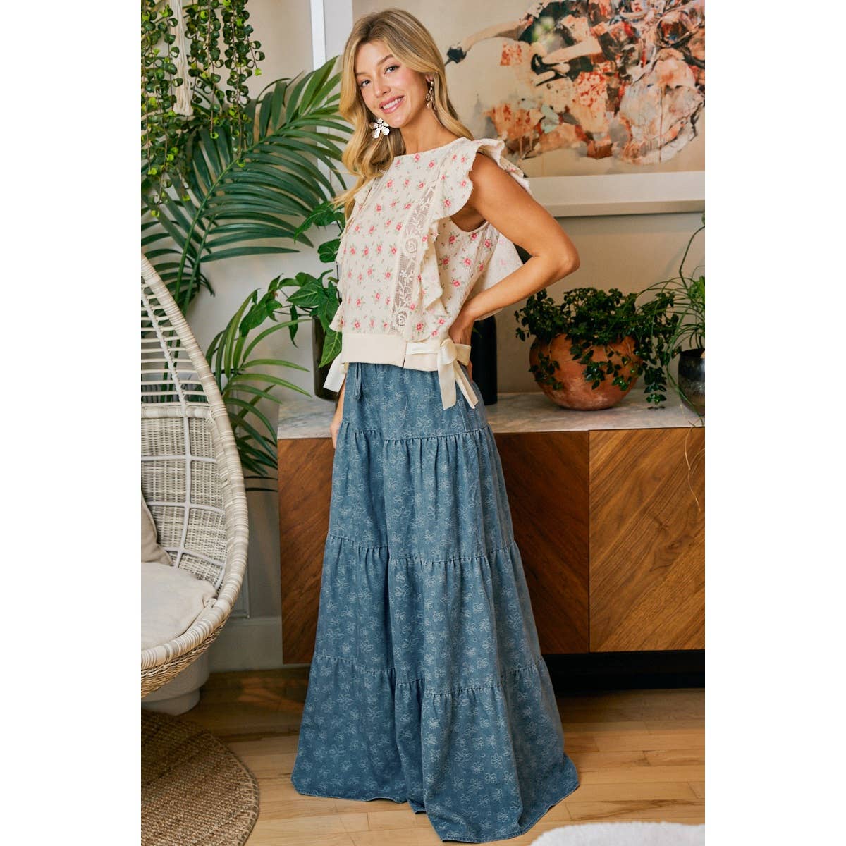 BiBi Floral Tiered Flare Denim Pants - Denim