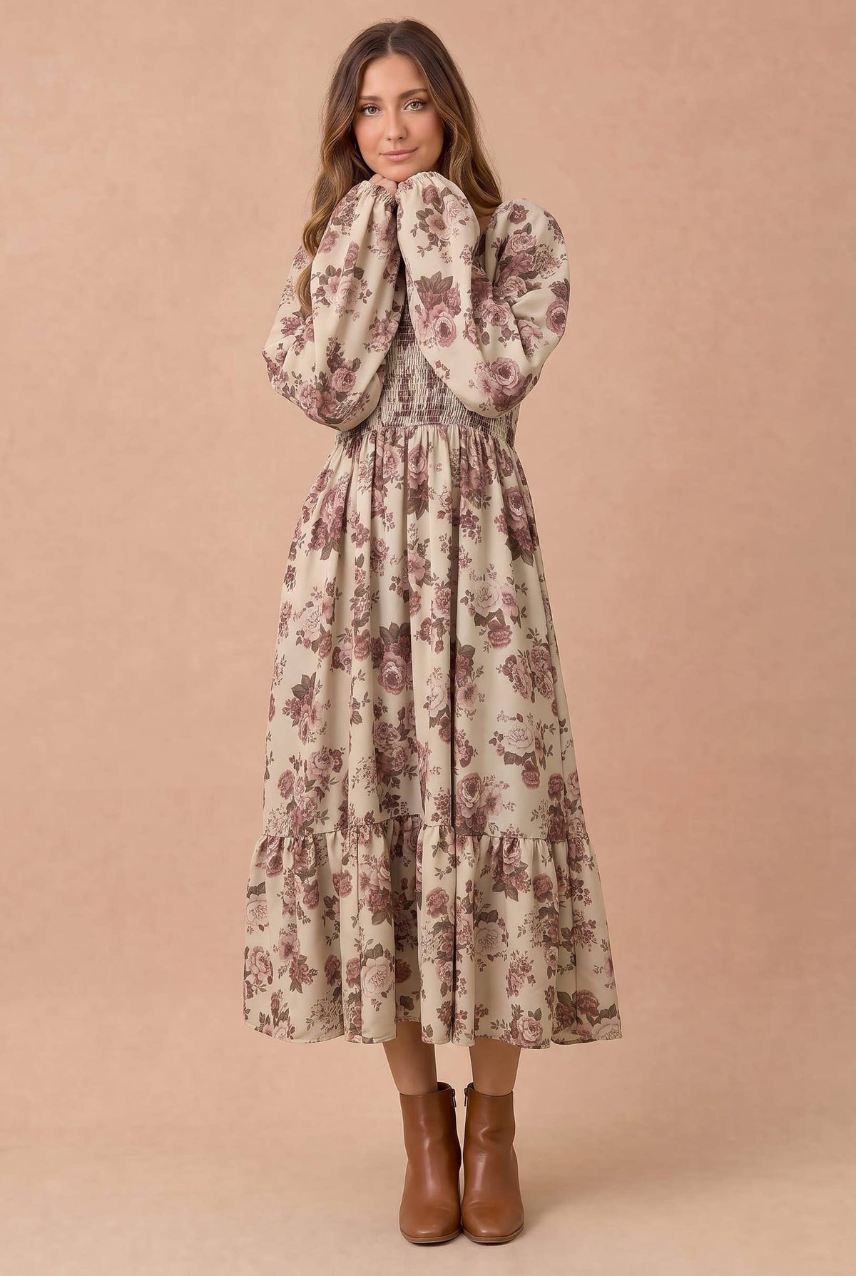 Haptics Women's Floral Smocked Tiered Midi Dress
