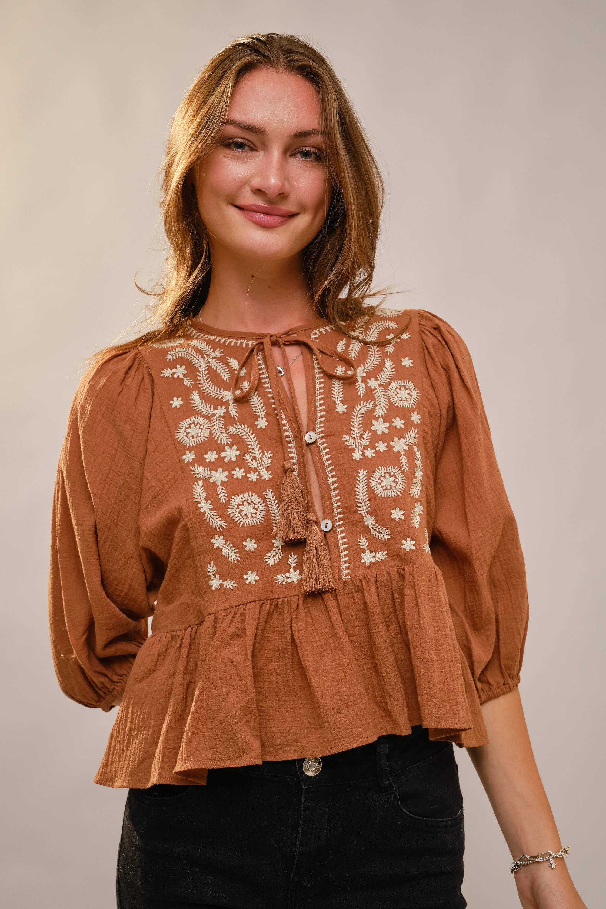 Blue B 3/4 Puff Sleeve Embroidered Peplum Blouse - Brown