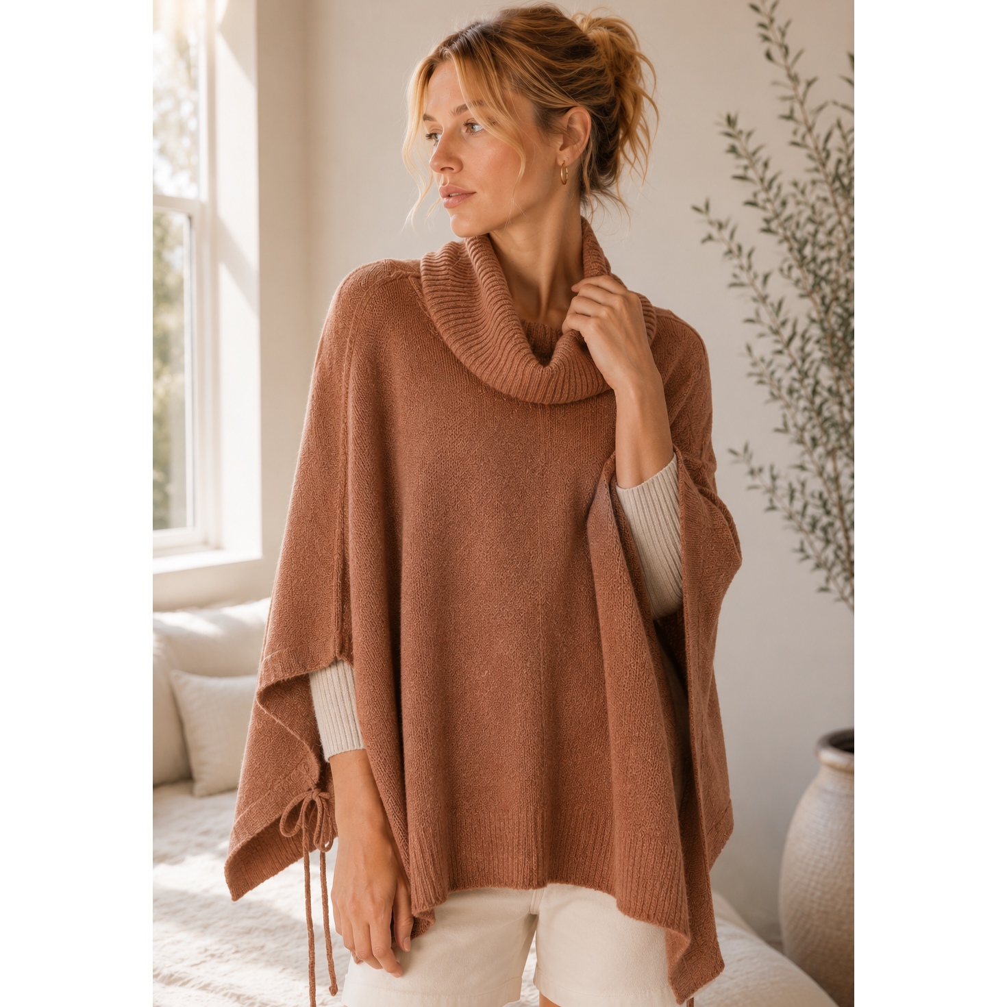 Winslow Collection Cozy Cowl Neck Knit Poncho - Caramel