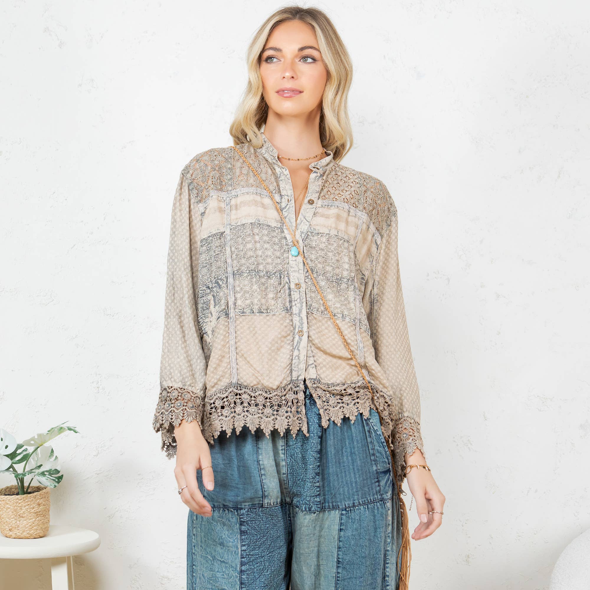 Young Threads Chic Lace Patch Shacket with White Shell Buttons - Latte