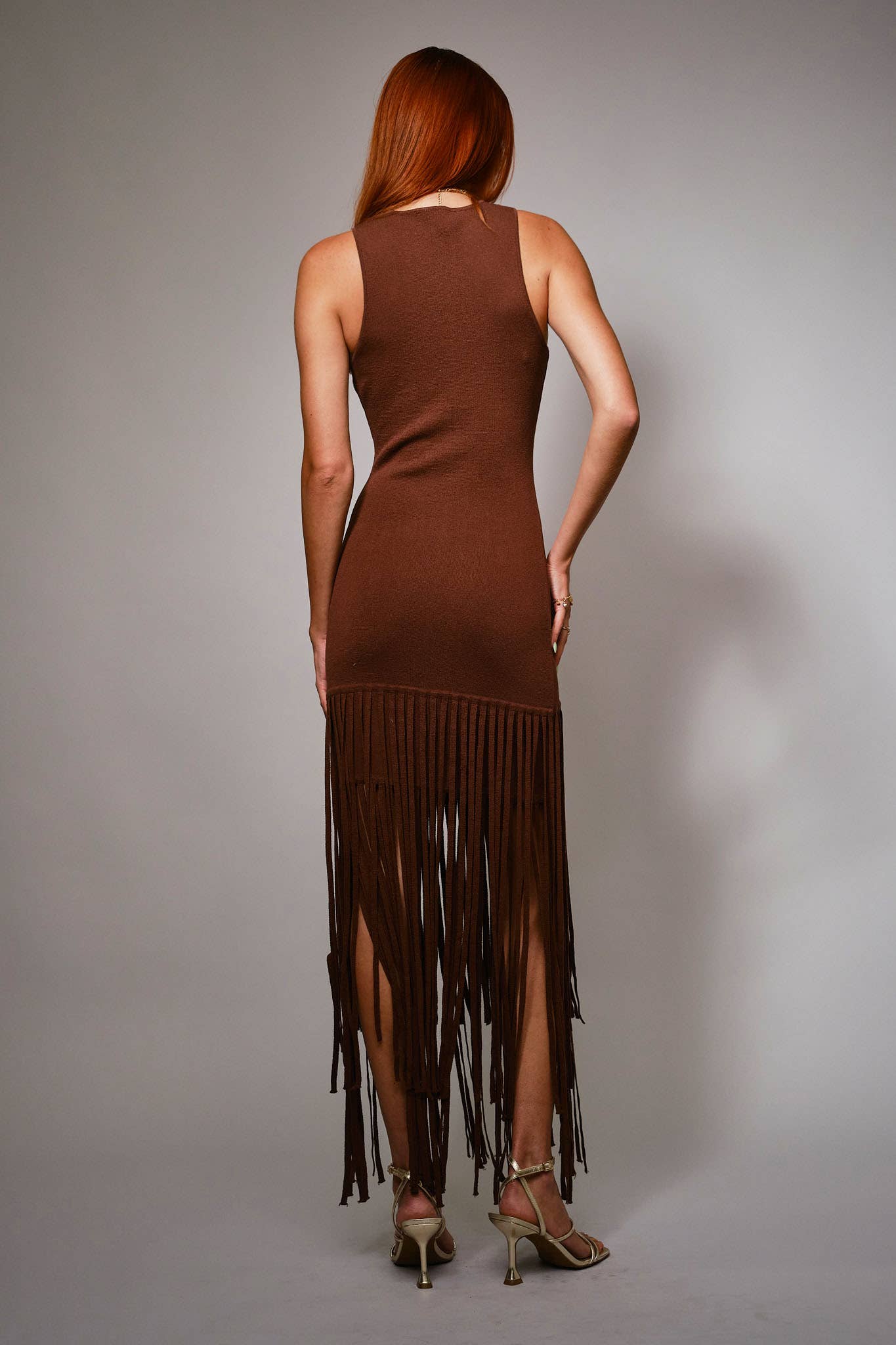 Blue B Fringe Hem Knit Maxi Dress - Dark Brown