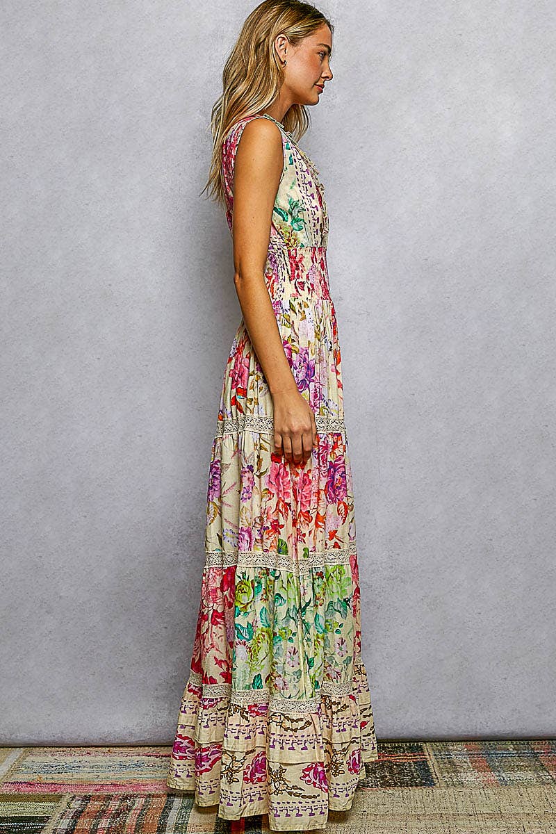 Pol Feminine V-Neck Smocked Waist Ruffle Floral Maxi Dress - Cream