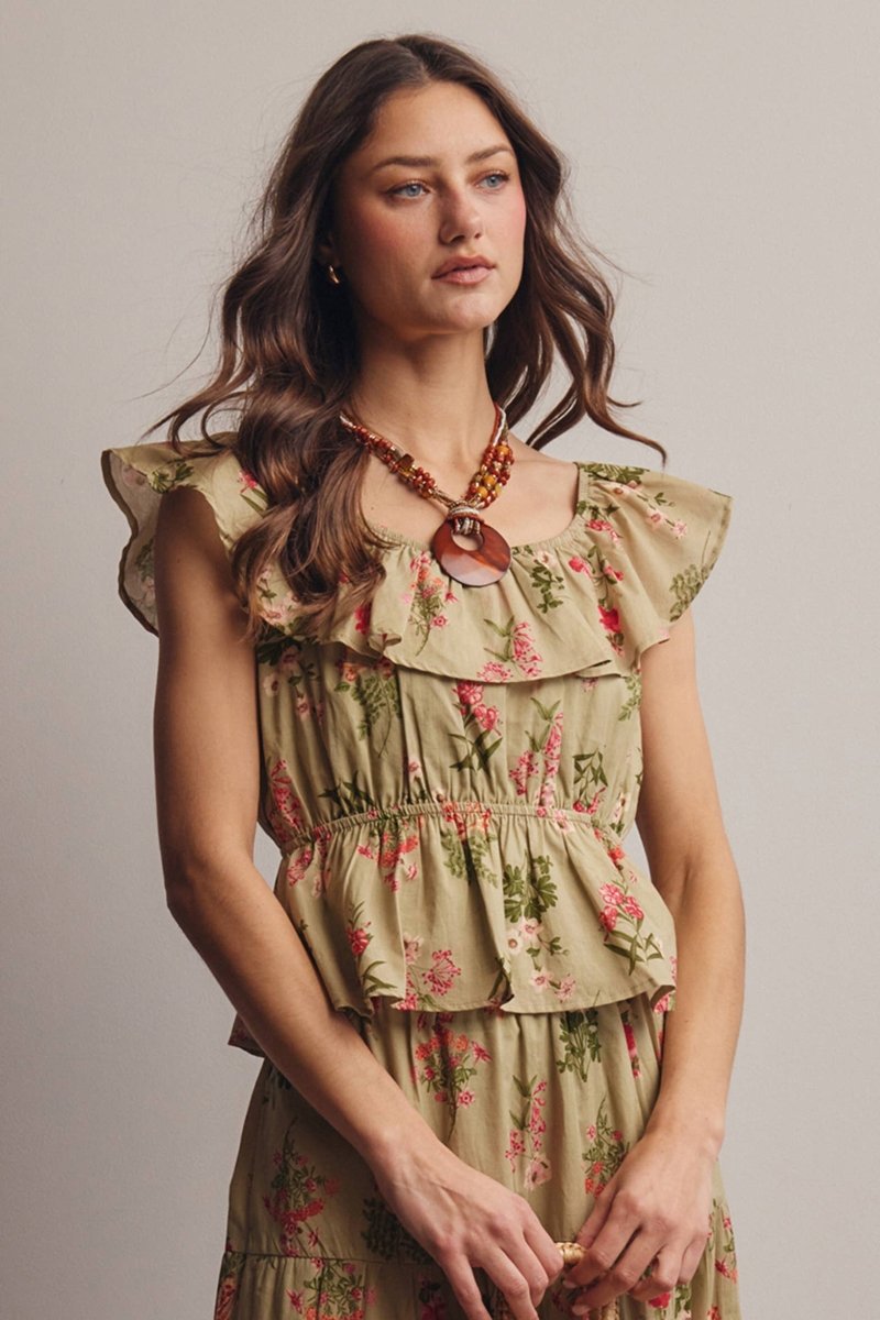 Forte Floral Cropped Peplum Blouse - Sage - FT0043-SAGE-S