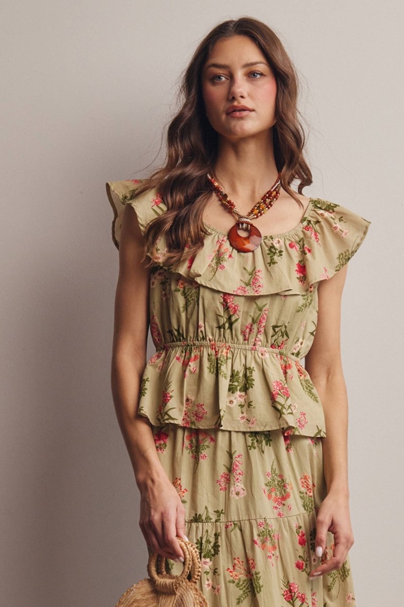 Forte Floral Cropped Peplum Blouse - Sage - FT0043-SAGE-S