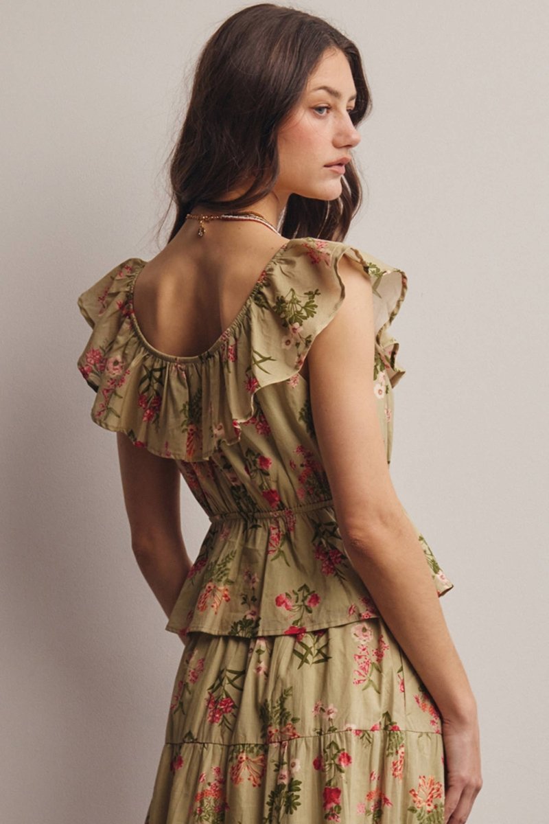 Forte Floral Cropped Peplum Blouse - Sage - FT0043-SAGE-S