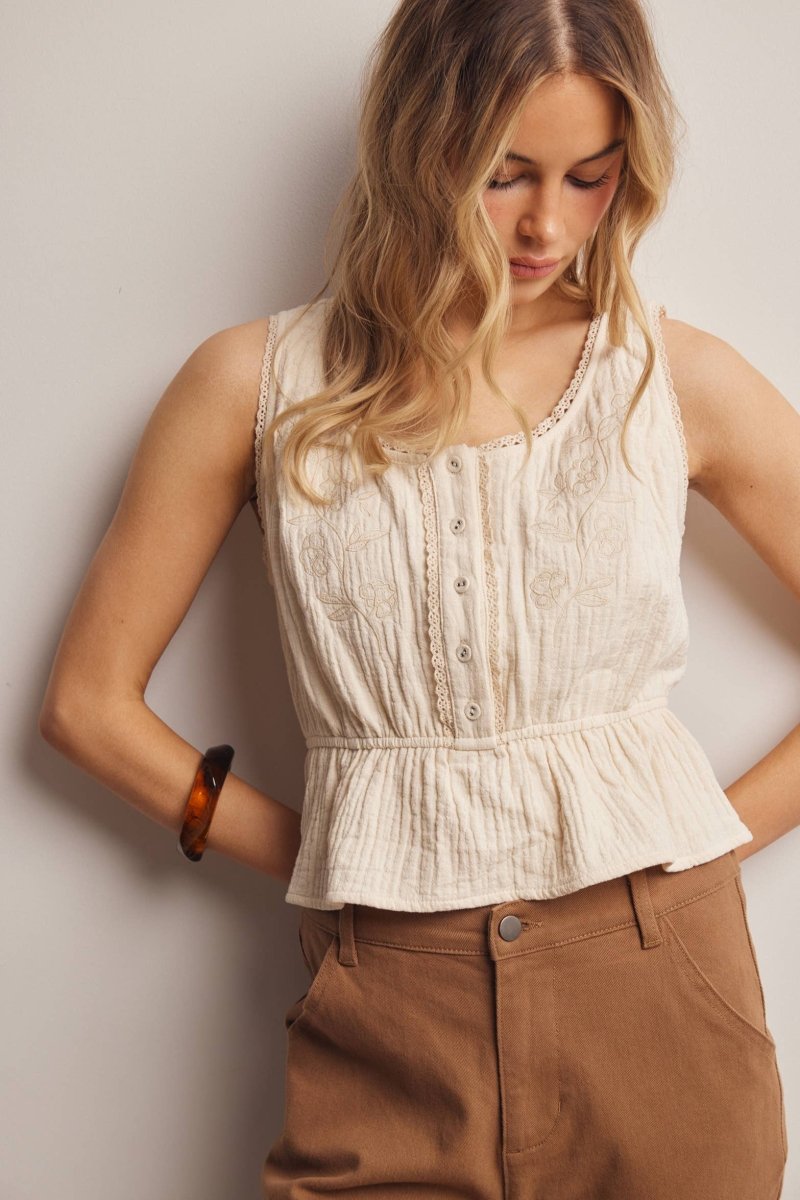 Forte Embroidered Peplum Cotton Tank Top - Ecru - FT0053-S