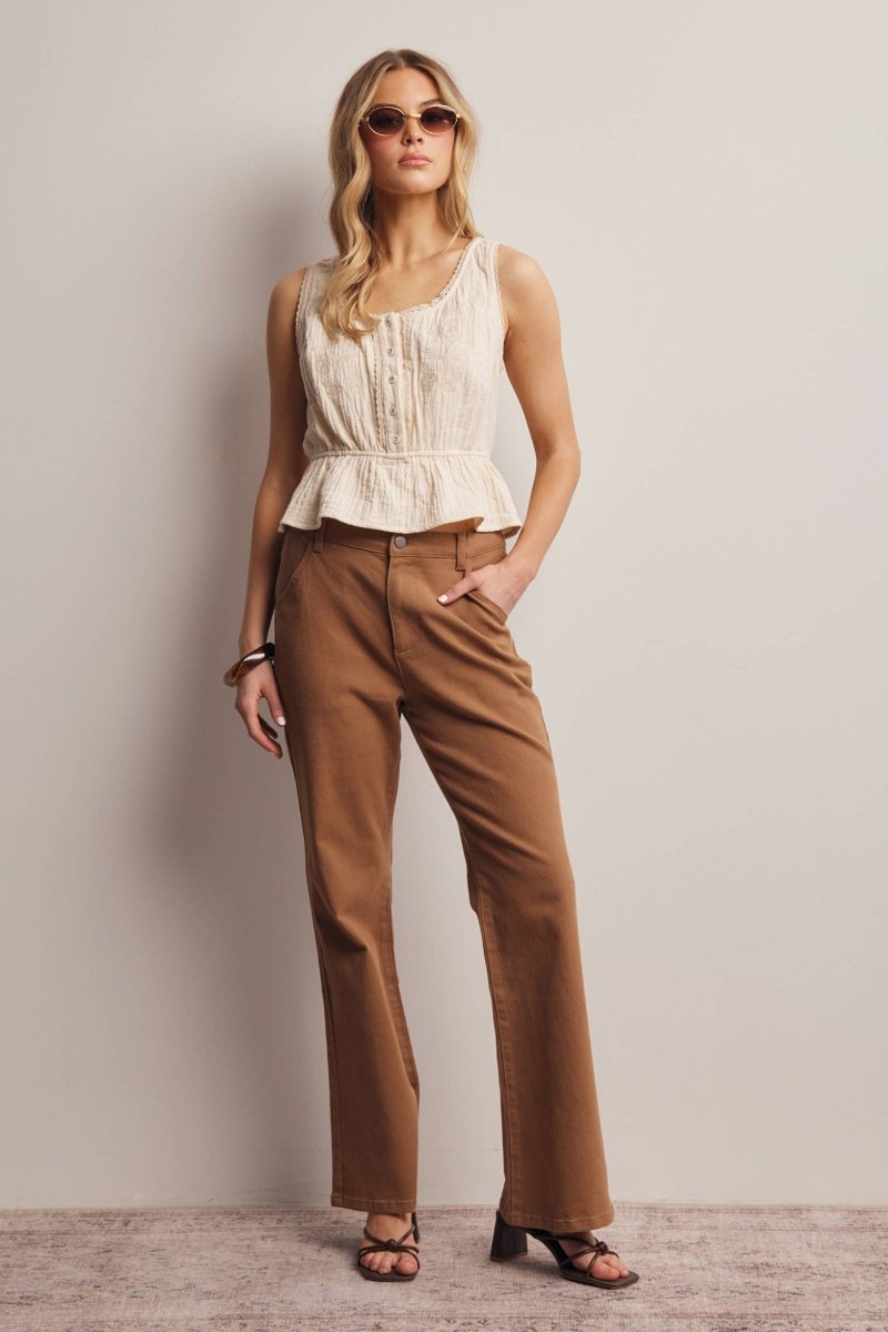Forte Embroidered Peplum Cotton Tank Top - Ecru - FT0053-S