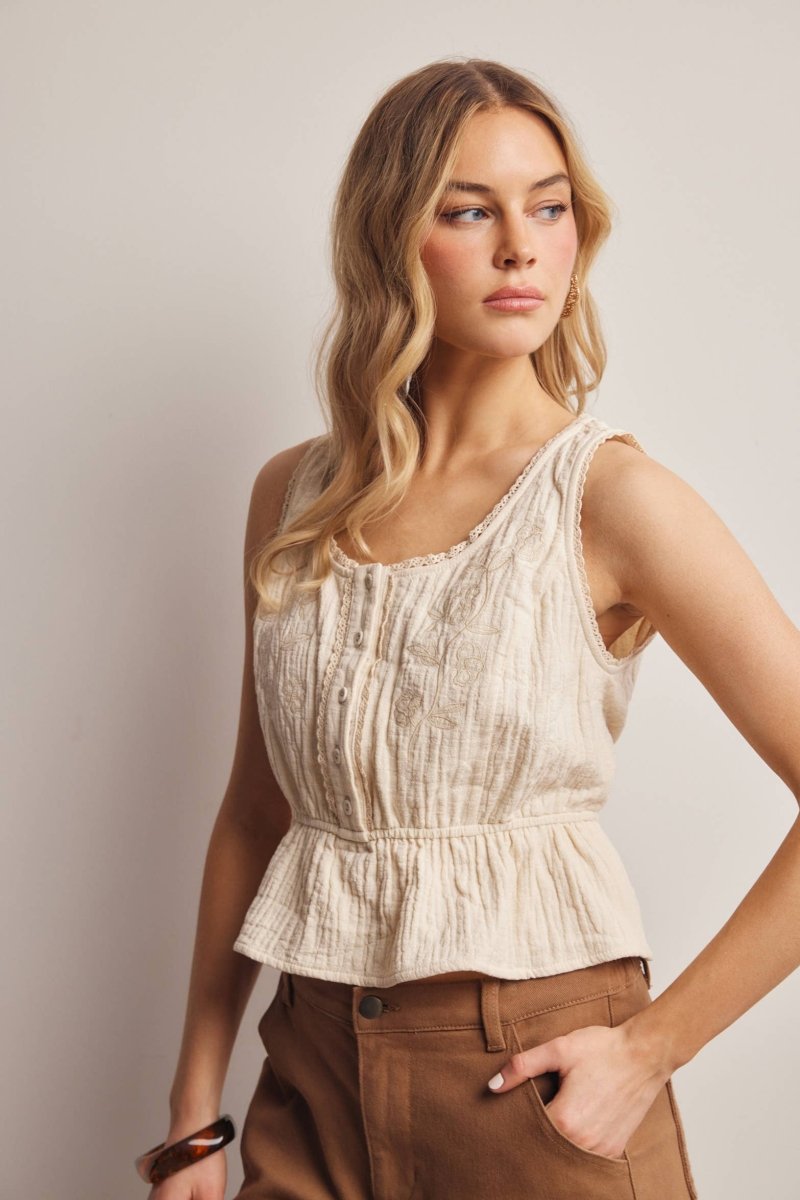 Forte Embroidered Peplum Cotton Tank Top - Ecru - FT0053-S