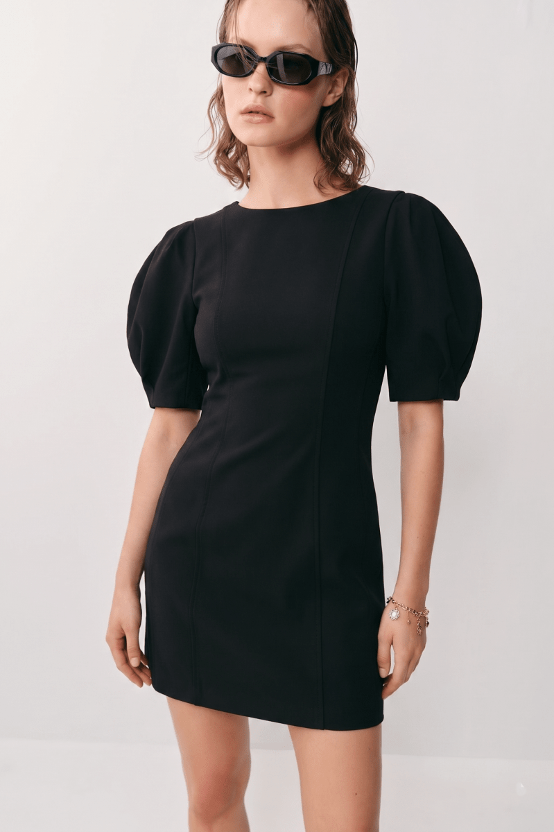 Glam Round Neck Balloon Sleeve Mini Dress - Black - GD9940-S