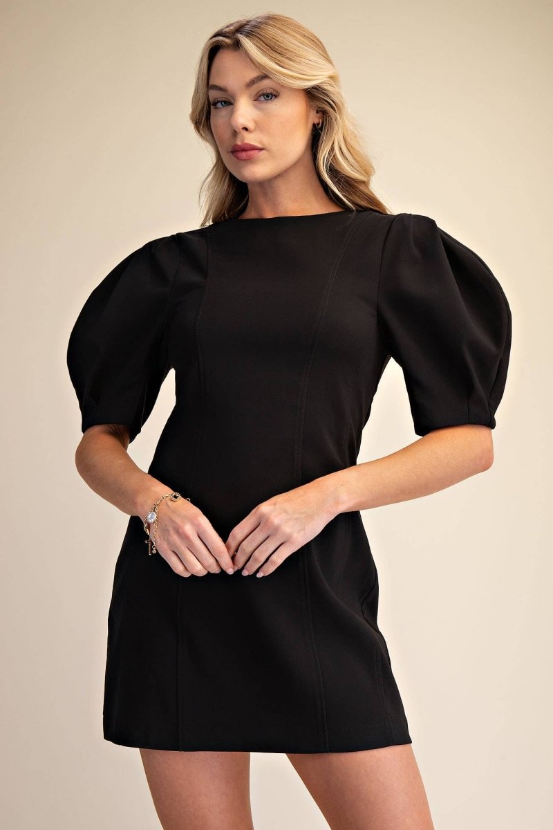Glam Round Neck Balloon Sleeve Mini Dress - Black - GD9940-S