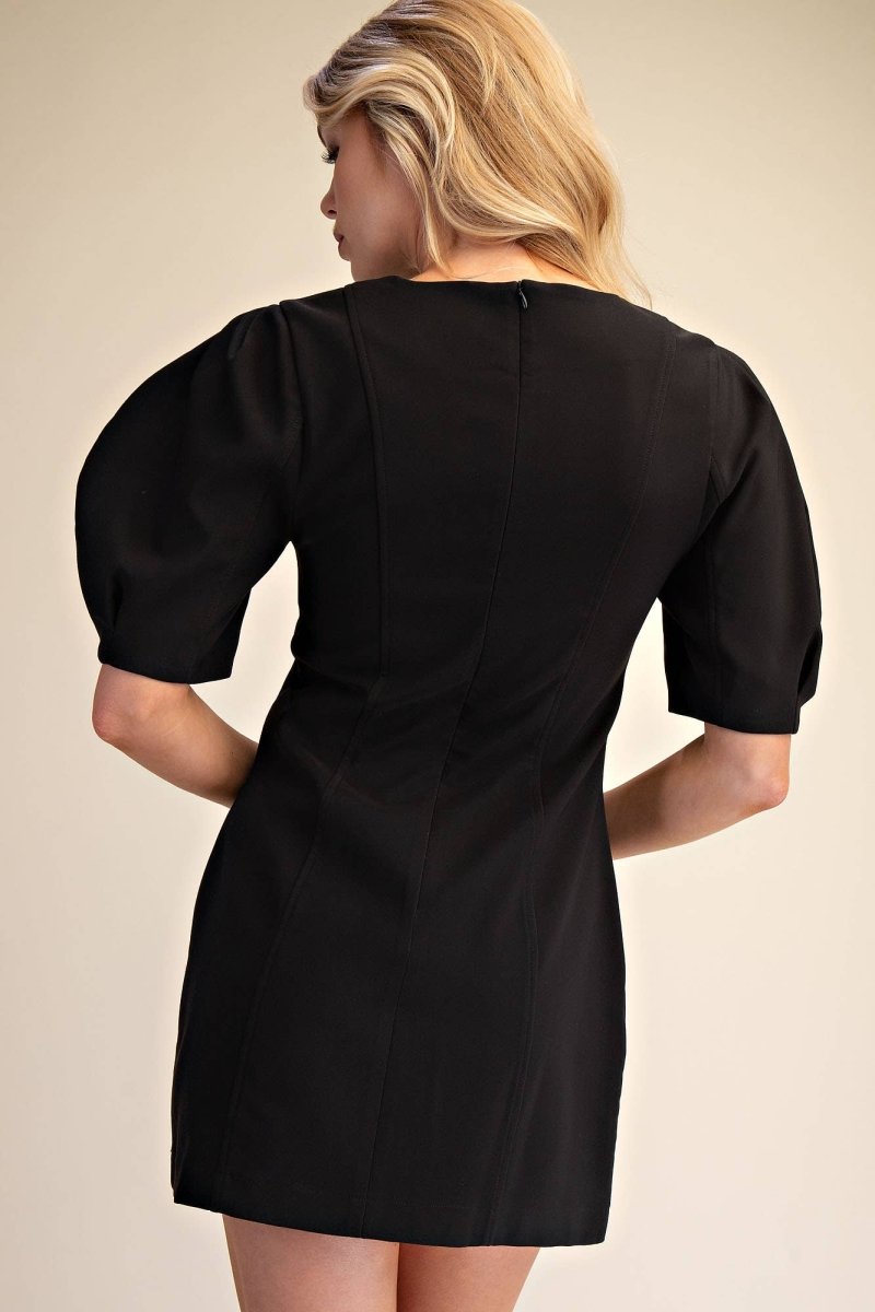 Glam Round Neck Balloon Sleeve Mini Dress - Black - GD9940-S
