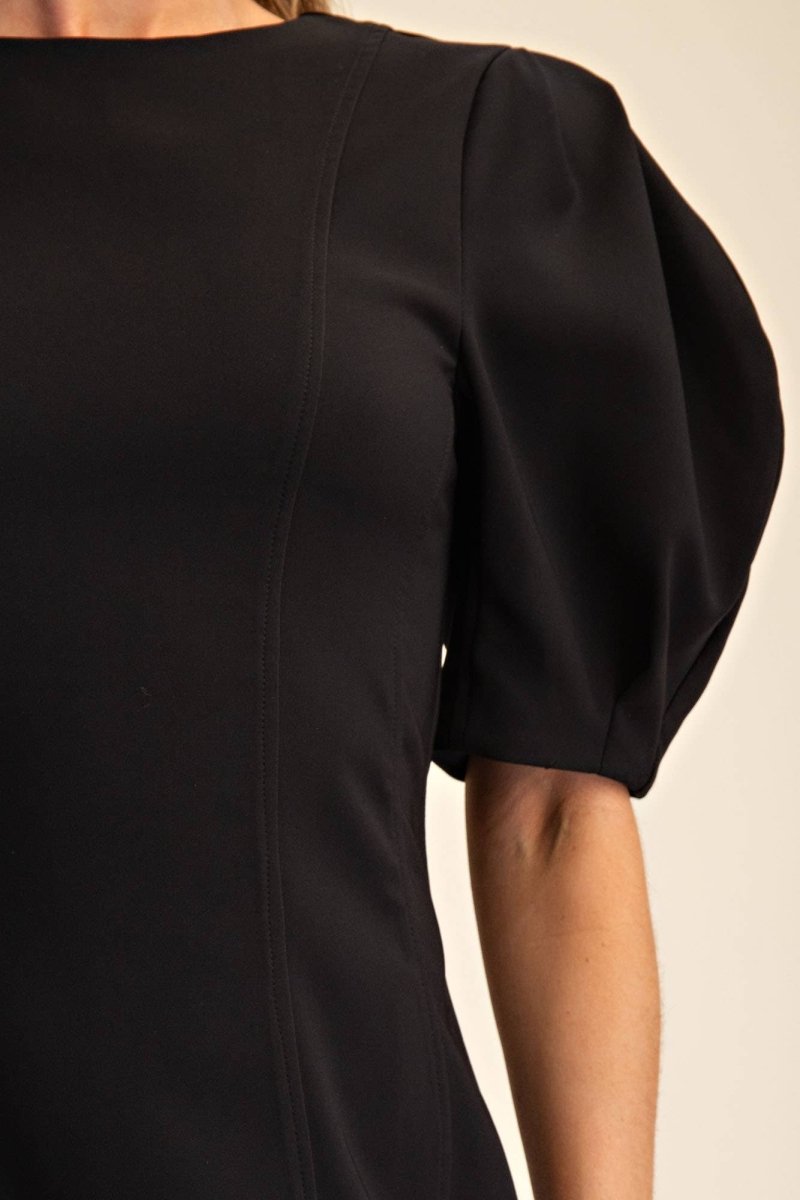 Glam Round Neck Balloon Sleeve Mini Dress - Black - GD9940-S
