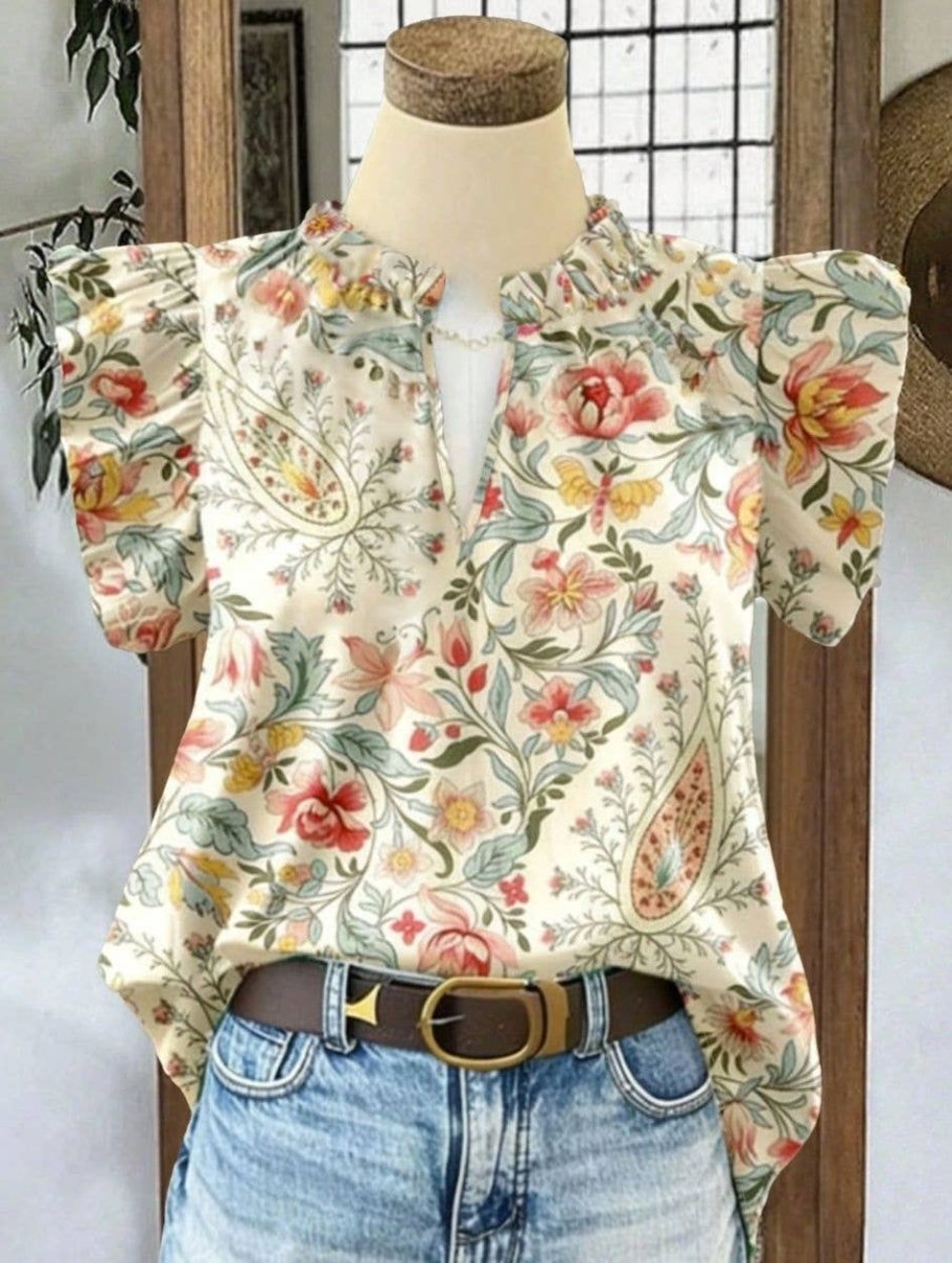 HIDDENBRAND Retro Floral Print Ruffle Flutter Sleeve Blouse - Floral - HJY03656-Floral-S