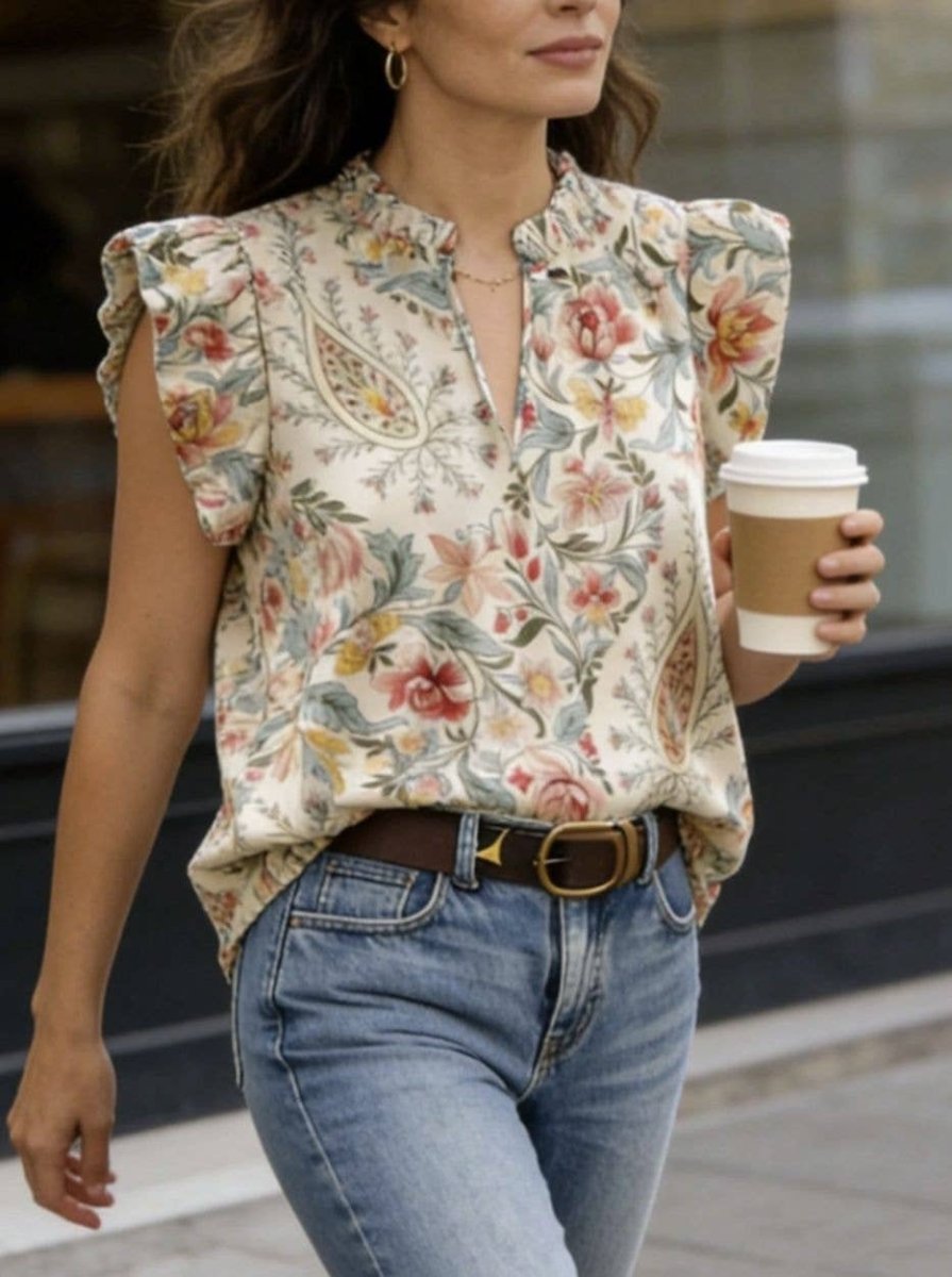 HIDDENBRAND Retro Floral Print Ruffle Flutter Sleeve Blouse - Floral - HJY03656-Floral-S