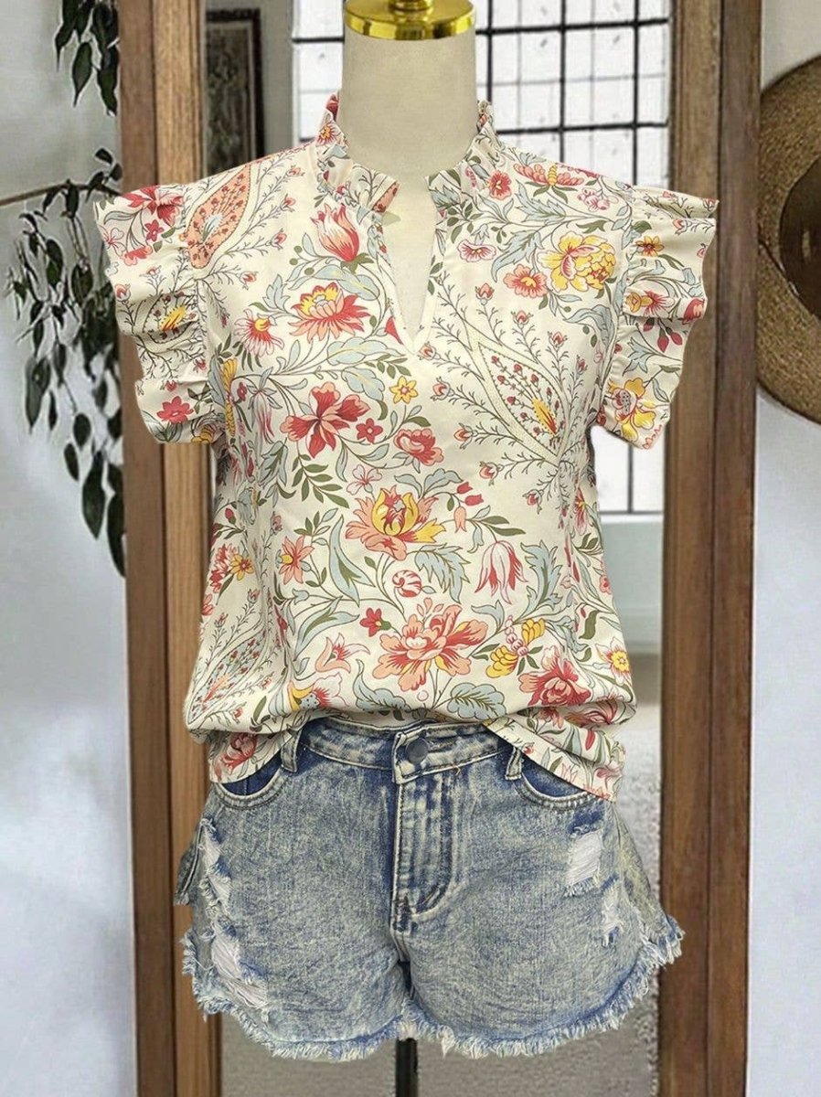 HIDDENBRAND Retro Floral Print Ruffle Flutter Sleeve Blouse - Floral - HJY03656-Floral-S