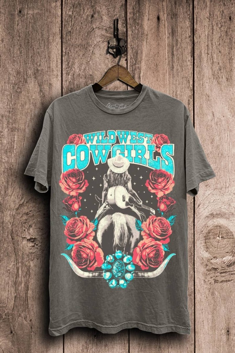 Lotus Fashion Collection Wild West Cowgirls Graphic Top - Stone Gray Mineral Wash - LF62-4360-S
