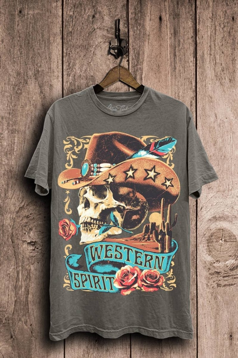 Lotus Fashion Collection Western Spirit Graphic Top - Stone Gray Mineral Wash - LF62-4366-S