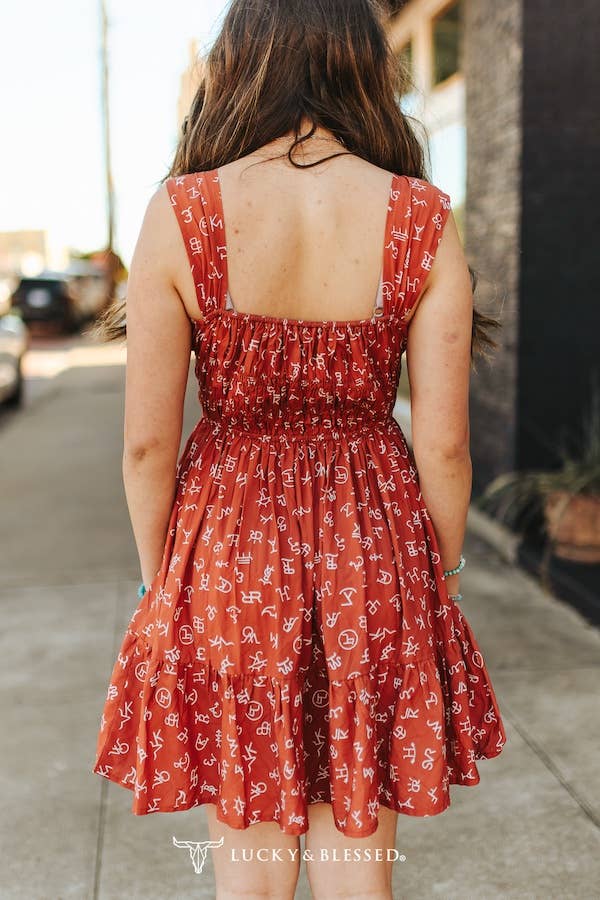 Lucky & Blessed Rust Cattle Brand Printed Thick Strap Flutter Dress - DR695-RST-S