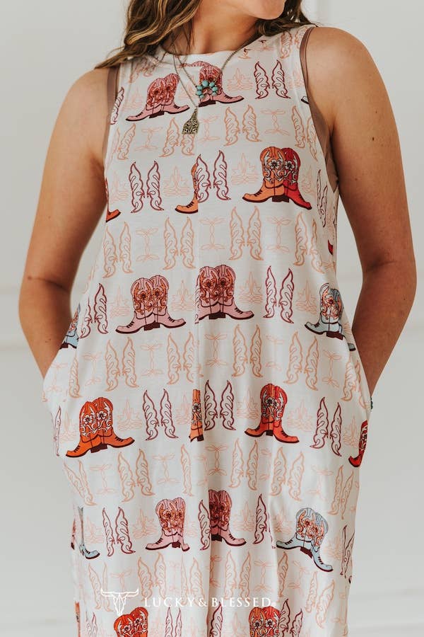 Lucky & Blessed Plus Western Boots Printed Sleeveless Side Pocket Dress - DR769-BTS-X-XL