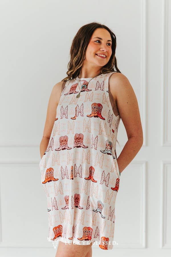 Lucky & Blessed Plus Western Boots Printed Sleeveless Side Pocket Dress - DR769-BTS-X-XL