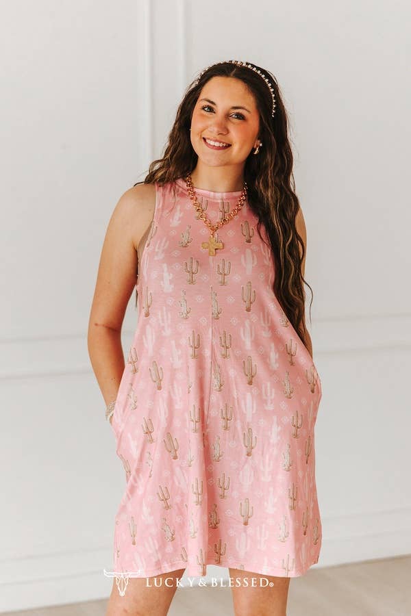 Lucky & Blessed Pink Cactus Printed Sleeveless Side Pocket Dress - DR769-CAC-S