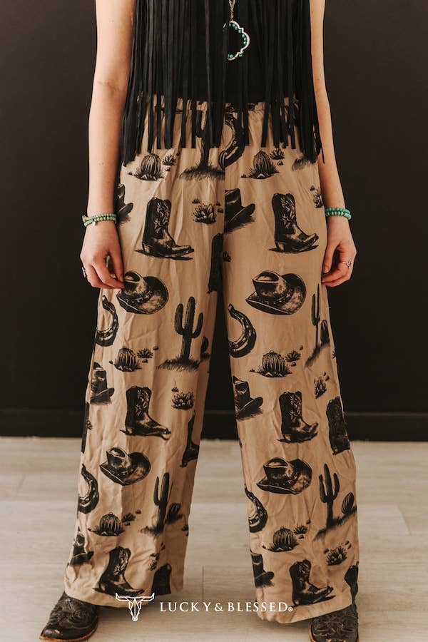 Lucky & Blessed Khaki Vintage Western Printed Wide Leg Pants - Khaki - PA284-BTS-S