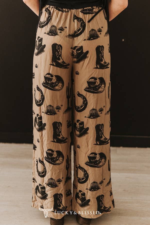 Lucky & Blessed Khaki Vintage Western Printed Wide Leg Pants - Khaki - PA284-BTS-S