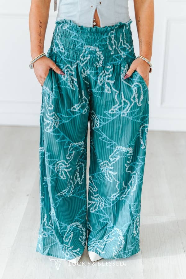 Lucky & Blessed Teal Horse Printed High Rise Pants - PA285-HRS-S