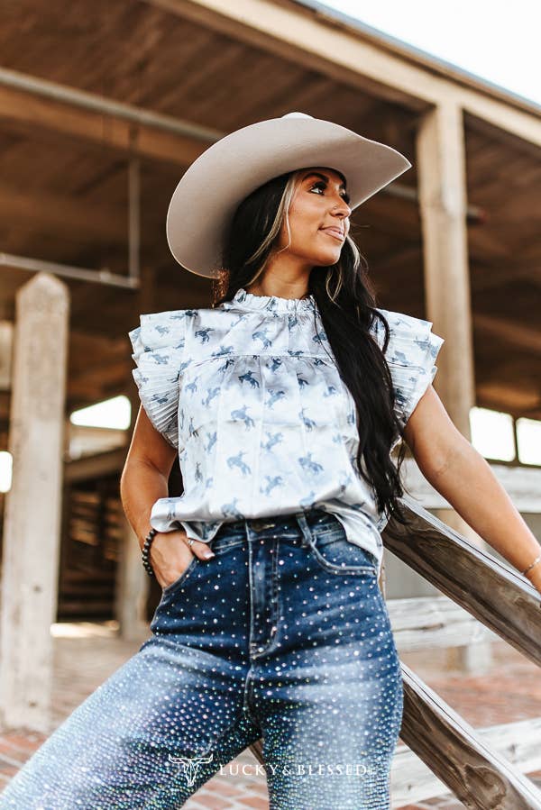 Lucky & Blessed Plus Horse Blue Printed Satin Pleated Ruffle Sleeveless Top - TO1230-HRSBLU-X-XL