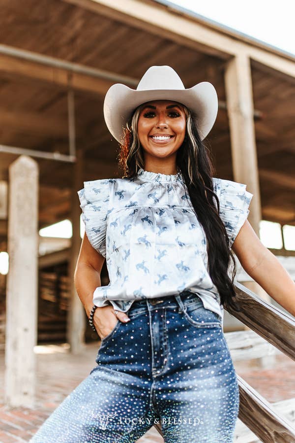 Lucky & Blessed Plus Horse Blue Printed Satin Pleated Ruffle Sleeveless Top - TO1230-HRSBLU-X-XL
