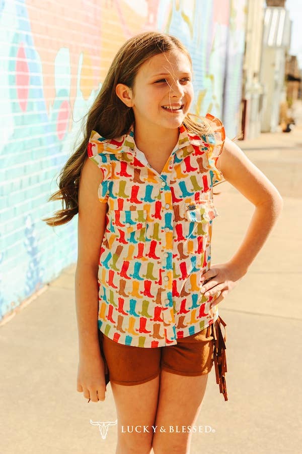 Lucky & Blessed Girls Contrast Boots Button Down Ruffle Shoulder Sleeve Top - TO1243-G-BTS-XS