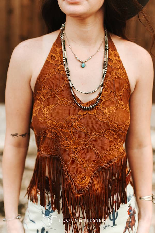 Lucky & Blessed Camel Lace Fringe Hem Halter Top - TO1261-CML-S