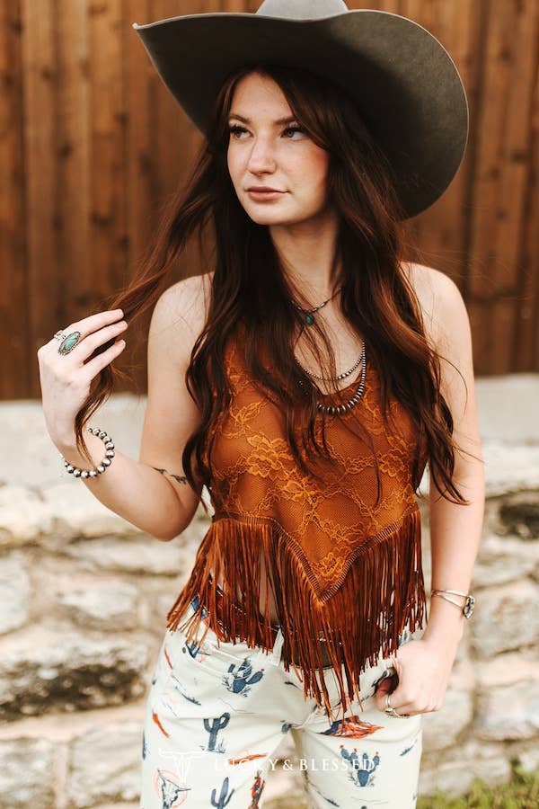 Lucky & Blessed Camel Lace Fringe Hem Halter Top - TO1261-CML-S