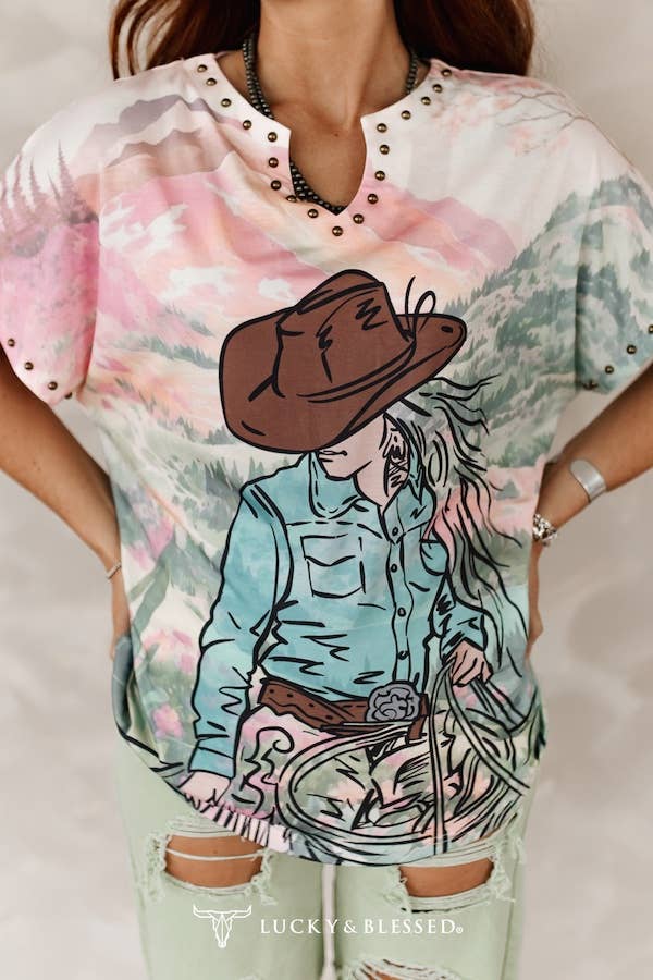Lucky & Blessed Fuchsia Rodeo Cowgirl Printed Studded Short Sleeve Top - TO1325-FCS-S