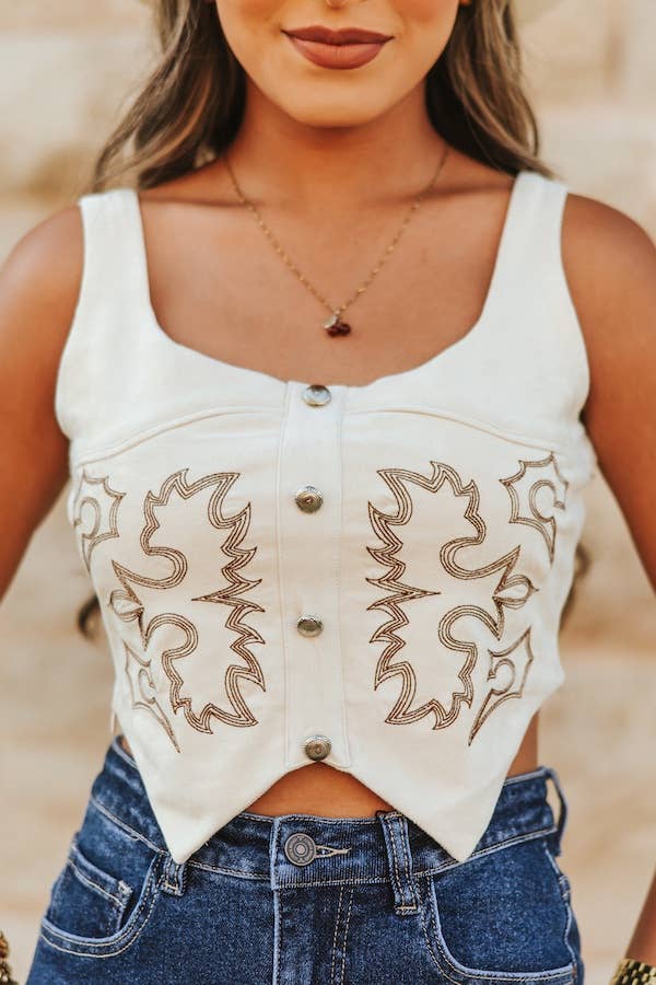 Lucky & Blessed Ivory Stretch Suede Boot Stitch Concho Buttons Corset Top - TO812-IVY-S