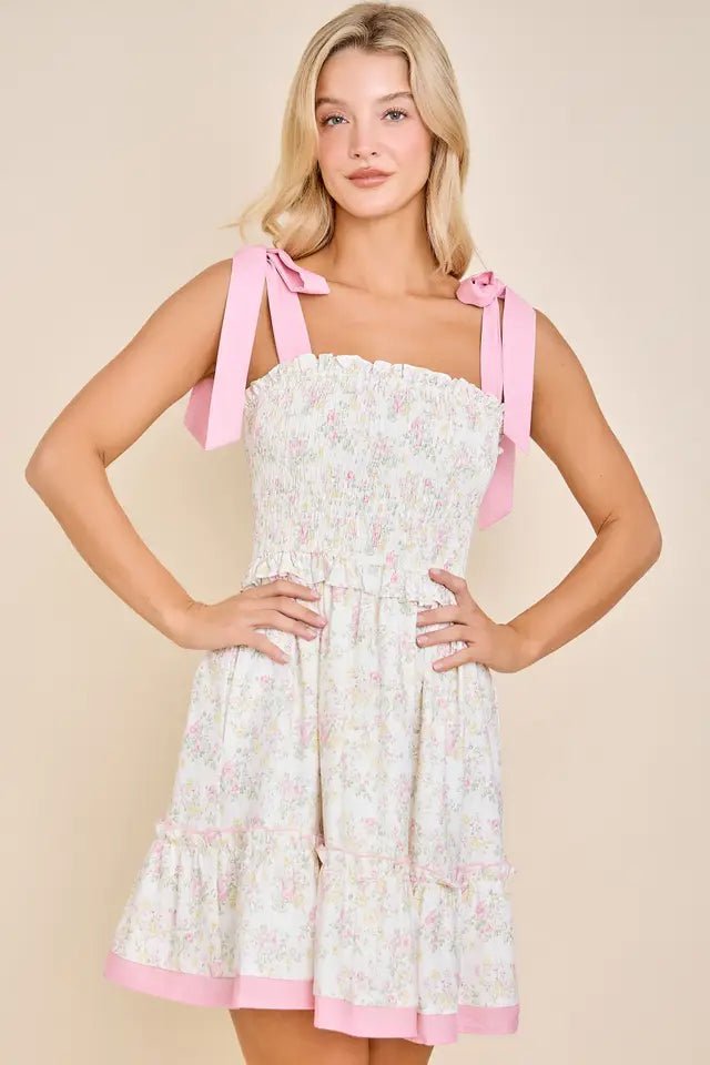 Main Strip Floral Ribbon Strap Sundress - Ruffle Hem Vintage Charm - Pink - MD53160-S